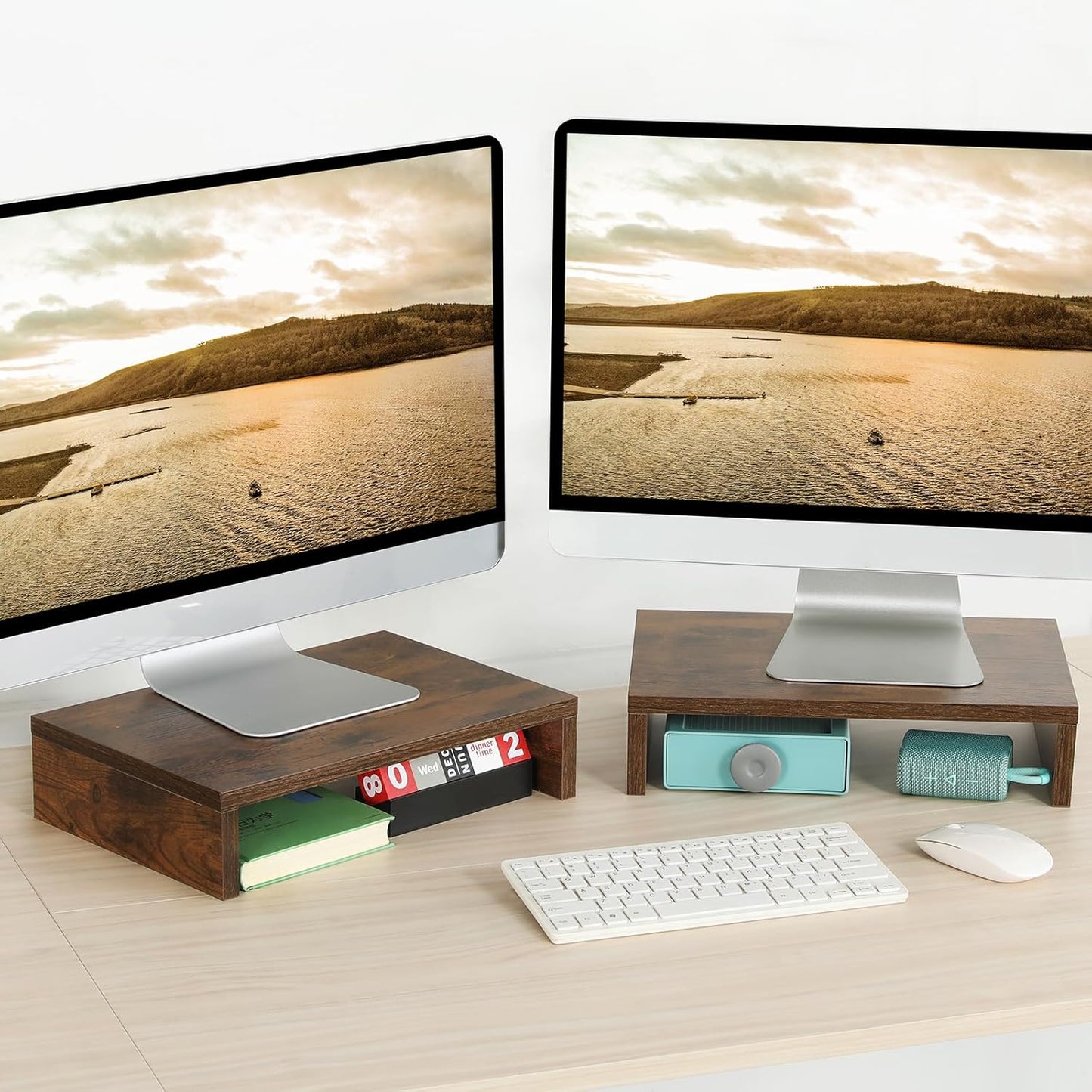 TEAMIX Wood Monitor Stand Riser-2 Pack, 2 Tier Adjustable Monitor Stand Dual Monitor Riser for 2 Monitors/Laptop/PC Black Computer Stand for Desk