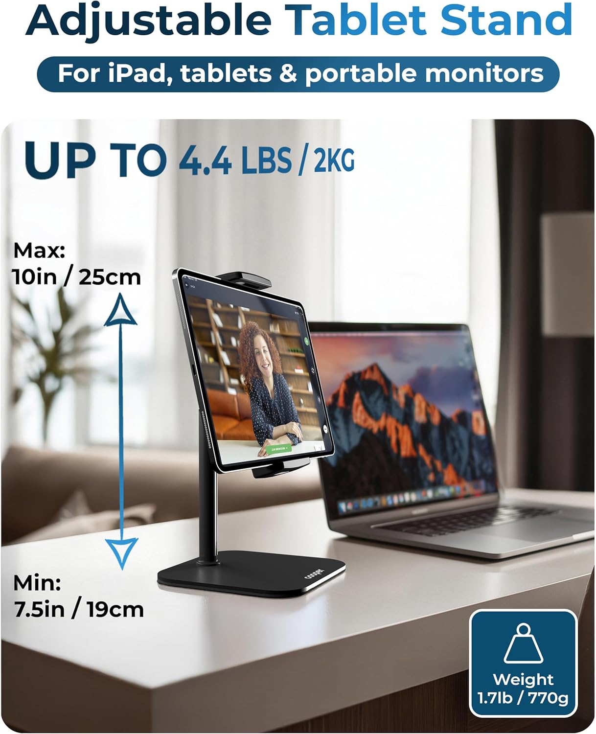 COOPER TabStand, 20" Tall iPad Stand for Desk, Portable Monitor Holder up to 17" Holds 4.4lb, Desktop Tablet Stand, Tablet Mount, Apple iPad Holder for Desk, for Samsung, Kindle, Fire (Night Black)