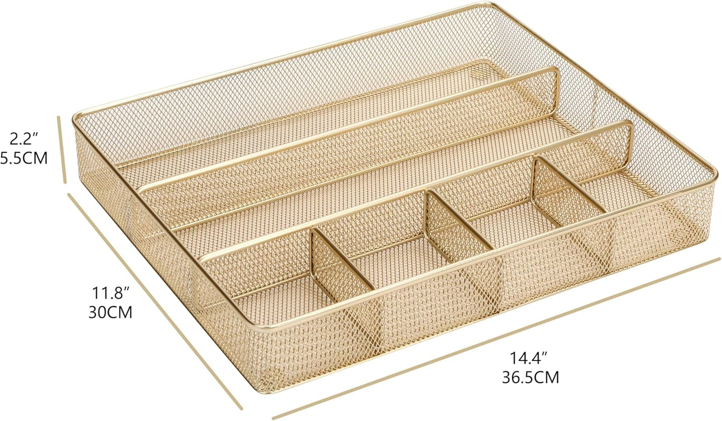Annova Desk Drawer Organizer Tray for Office Organization - Metal Mesh - Storage Tray with Dividers for Pens, Desktop Accessories, Bathroom, Kitchen, Makeup and Office Supplies (Small, Gold)