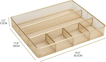Annova Desk Drawer Organizer Tray for Office Organization - Metal Mesh - Storage Tray with Dividers for Pens, Desktop Accessories, Bathroom, Kitchen, Makeup and Office Supplies (Small, Gold)