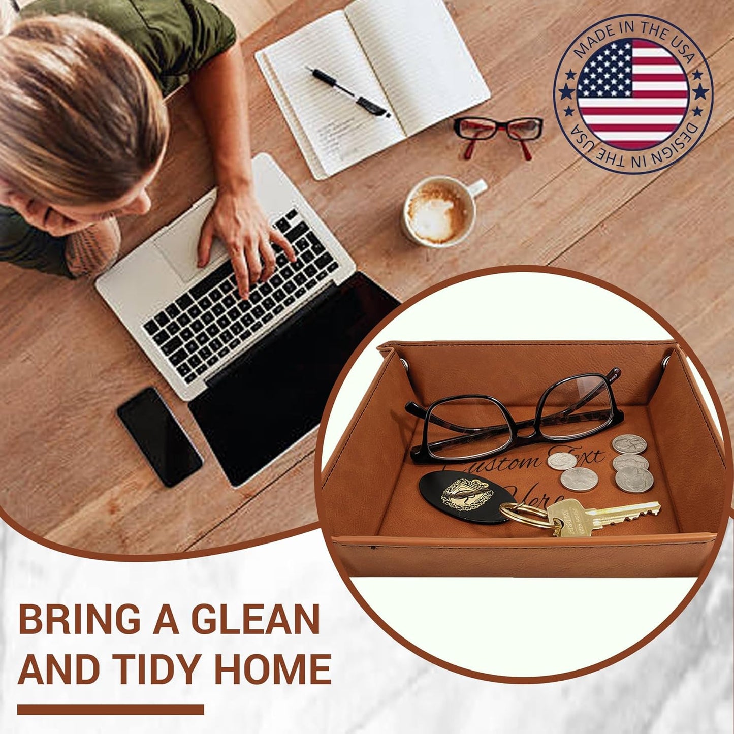 Personalized Valet Trays, Custom Engraved Leather Keys Tray for Men - Catchall Tray Organizer for Entryway Table, Unique Dad Birthday Gift from Daughter Son, Father Day (Custom Text)