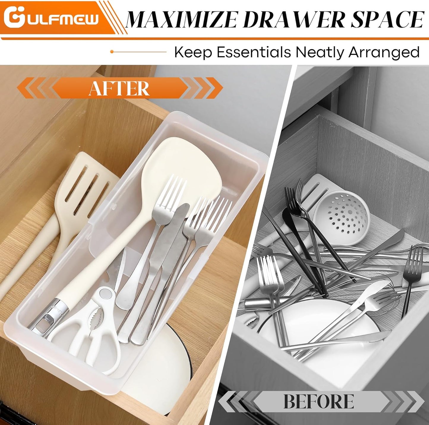 2 Pack Deep Drawer Organizer Bins, Adjustable Sliding Drawer Organizer Bin Expandable Tray for Kitchen Utensils, BBQ Tools, Towels, Durable Plastic Sliding for Easy Storage (17" to 27”)