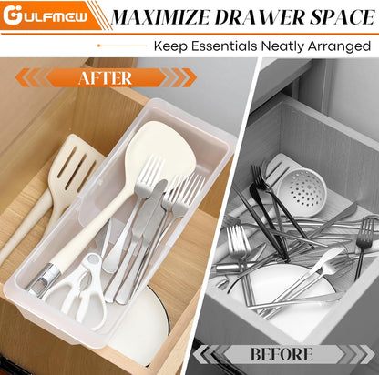 2 Pack Deep Drawer Organizer Bins, Adjustable Sliding Drawer Organizer Bin Expandable Tray for Kitchen Utensils, BBQ Tools, Towels, Durable Plastic Sliding for Easy Storage (17" to 27”)