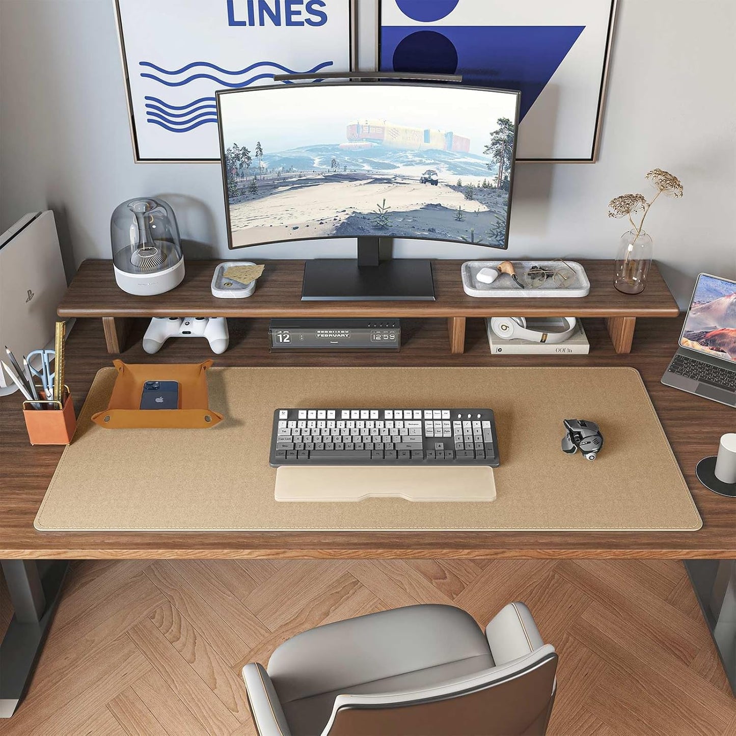 DAWNTREES Dual Sided Desk Mat,Leather Desk Pad,Cork Desk Mat Protector,with PU Leather Valet Tray Organizer,Large Mouse Pad,Desk Writing Pad for Office and Home(Dark Green 31.5"x15.8")