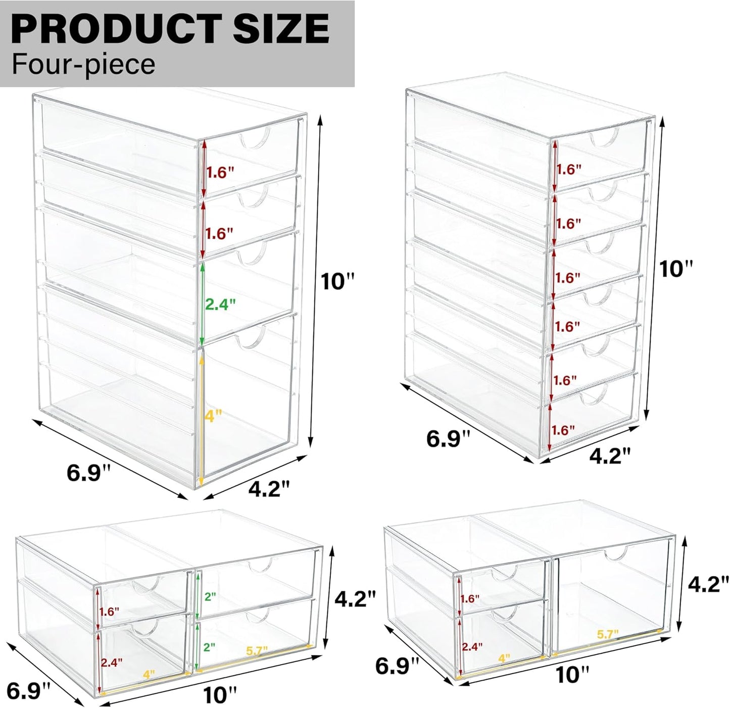 Prsildan Acrylic Makeup Organizer, 2 Pack Stackable Storage Drawers with 6 Drawers for Office Desk Vanity Craft Room Clear Drawer Organizers for Hair Accessories Art Supplies Cosmetics Modular System