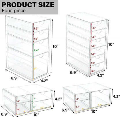 Prsildan Acrylic Makeup Organizer, 2 Pack Stackable Storage Drawers with 6 Drawers for Office Desk Vanity Craft Room Clear Drawer Organizers for Hair Accessories Art Supplies Cosmetics Modular System