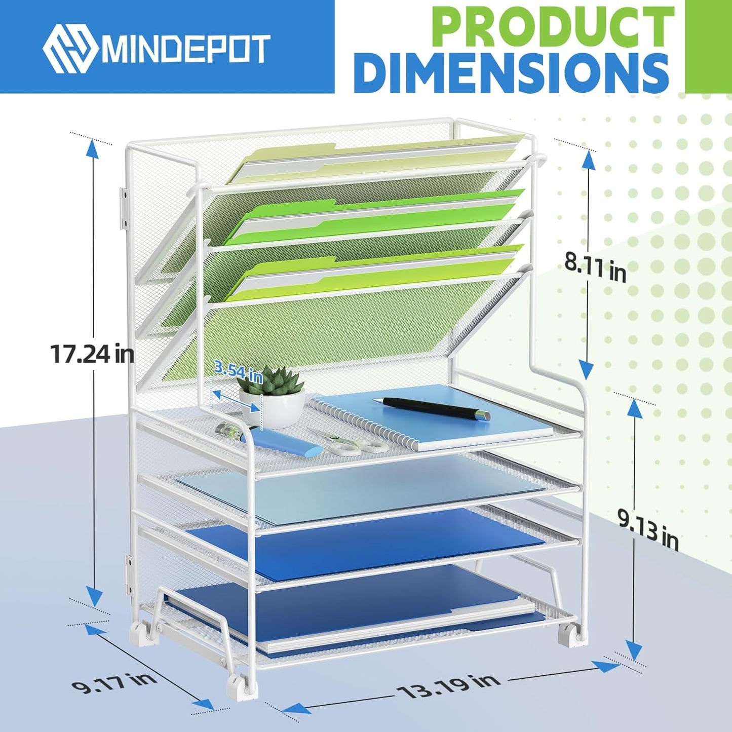 MINDEPOT 4-Tier Paper Organizer + 3-Pocket File Holder + Drawer + Pen Holders, Desktop File Organizers Paper Tray for Office Accessories School Classroom Organization (Black)