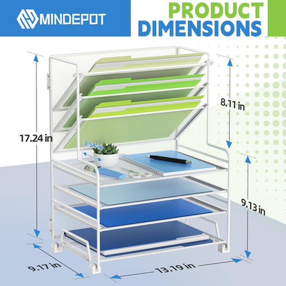 MINDEPOT 4-Tier Paper Organizer + 3-Pocket File Holder + Drawer + Pen Holders, Desktop File Organizers Paper Tray for Office Accessories School Classroom Organization (Black)