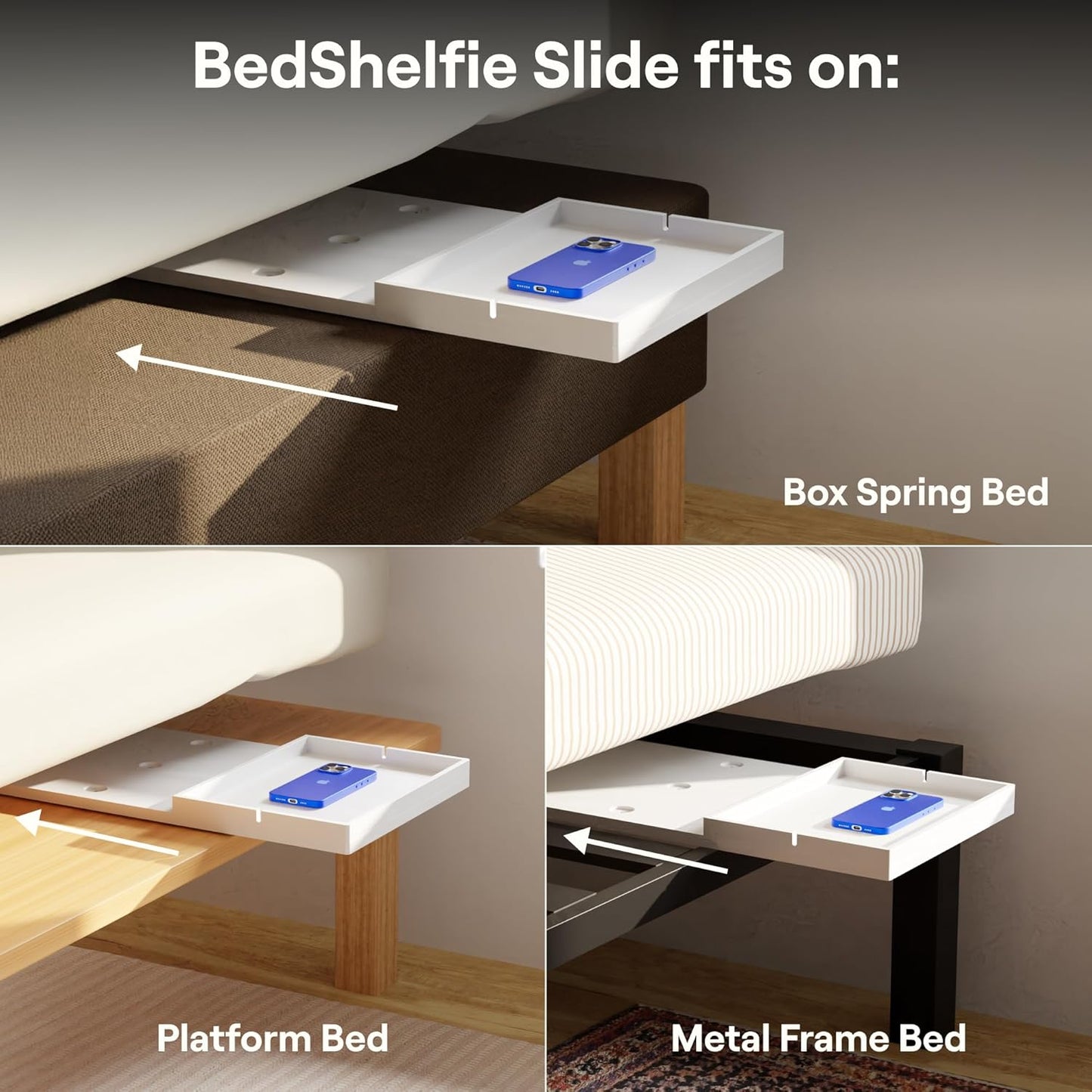 BedShelfie Bedside Shelf for Dorm Room Bunk Bed & Top Bunk, College Dorm Room Essentials, Bedside Caddy, Clip on Floating Desk Tray, Bed Side Table Storage, Loft Nightstand Decor - Black Wood Slide