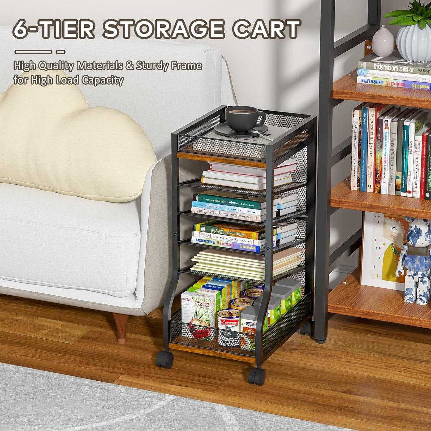 keomaisyto 6-Tier Rolling File Cart with Drawer, Under Desk Storage with Paper Letter Sliding Trays, Standing File Organizer with Wheels, Slim Workspace Organizers for Office/Home/School/Study