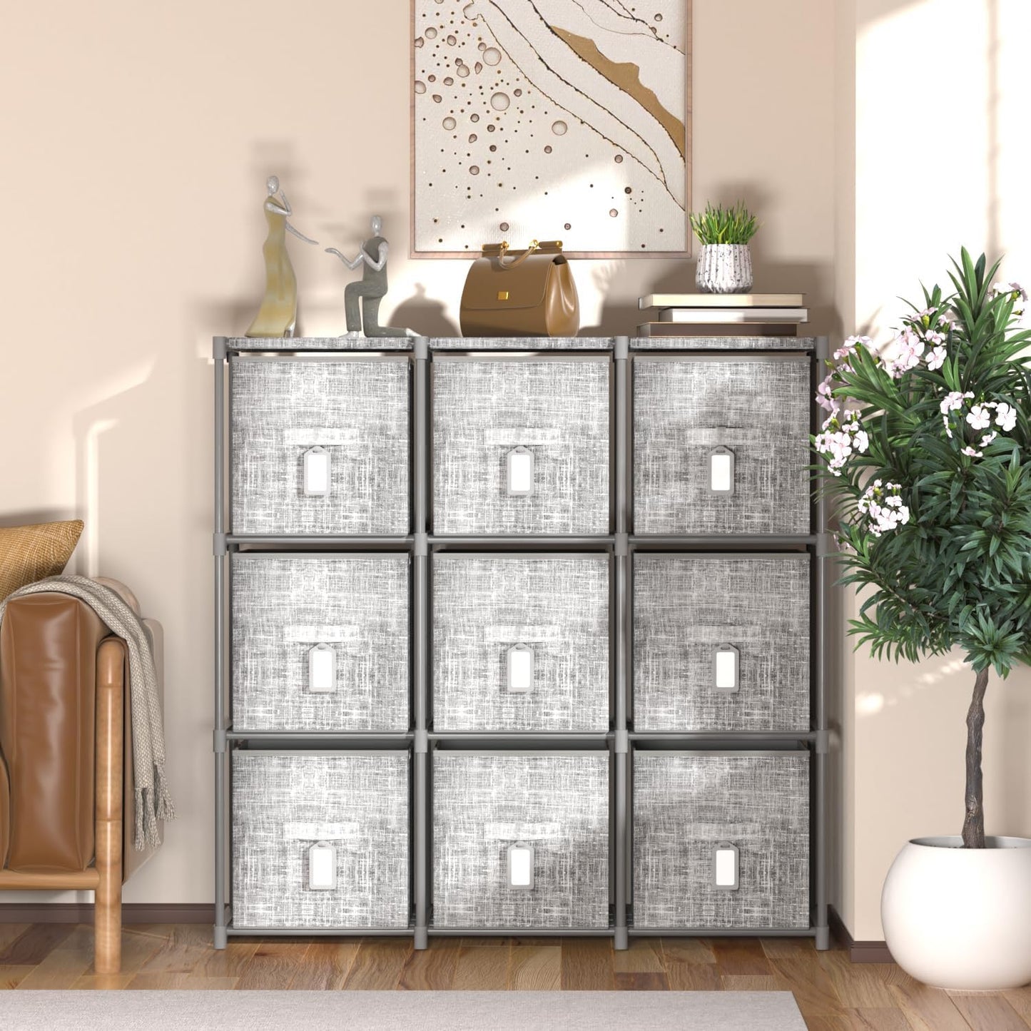 LUKYTOWER Cube Storage Organizer Shelf with Printed Bins + Labels, Cubby Storage Organizer with Bins, Large Capacity Shelves for Storage,Closet, Living Room, Dorm, Yarn (Grey, 6 Cube)