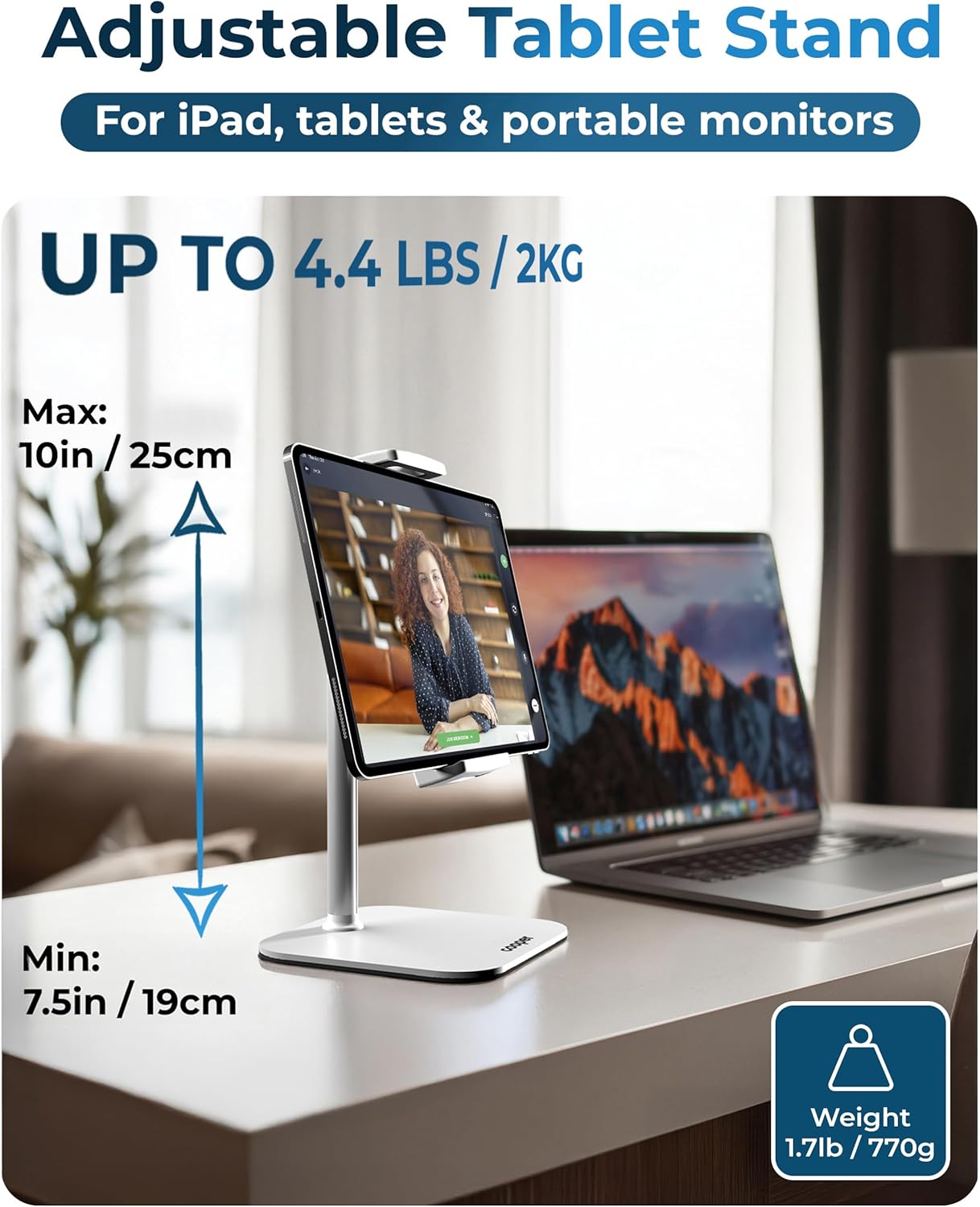 COOPER TabStand, 20" Tall iPad Stand for Desk, Portable Monitor Holder up to 17" Holds 4.4lb, Desktop Tablet Stand, Tablet Mount, Apple iPad Holder for Desk, for Samsung, Kindle, Fire (Night Black)