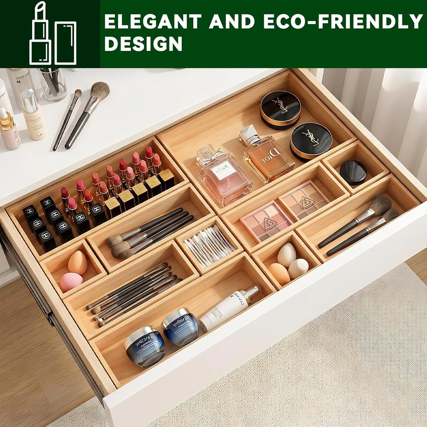 Bamboo Drawer Organizer 5 Pcs for Kitchen Multi-purpose Storage Dividers for Kitchen, Office, Jewelry, Cosmetics, Wooden Drawer Dividers for Drawer Organizer Desk Organizer Gift for Women Gifts Idea
