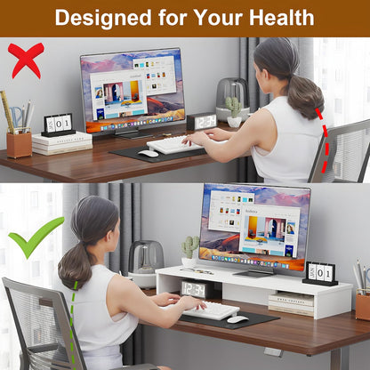 Qupui Computer Monitor Stand Riser with Drawer and Pen Holders, Desk Organizer Shelf and Accessories, Office Desk Accessories, Office Organization, Black