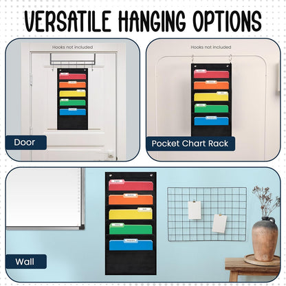 Essex Wares - 7 Pocket File Pocket Chart, Black, Tall - Versatile Wall Hanging File Folder Organizer for Classroom, Office, Home, and More - Wall Folder Organizer - 7 Pockets