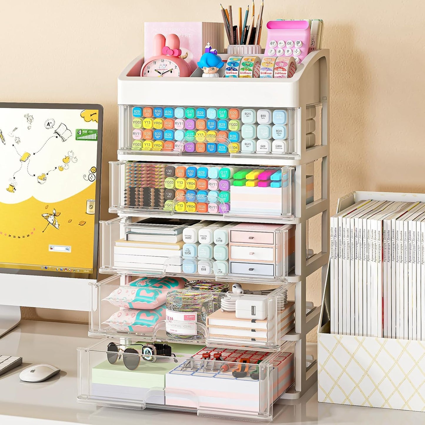 Desk Organizer with 4 Drawer Storage, Desktop Drawers Organizer for Office/School Supplies, Plastic Stationary Makeup Organizer, Desk Storage Box Organizer for Office, School, Bathroom