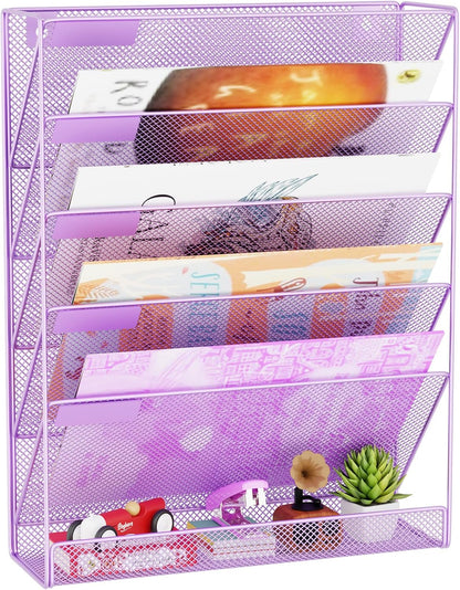 Wall File Organizer Holder Mesh Hanging Paper Document Holder,Vertical 6 Pocket Tier for Office Home, Black