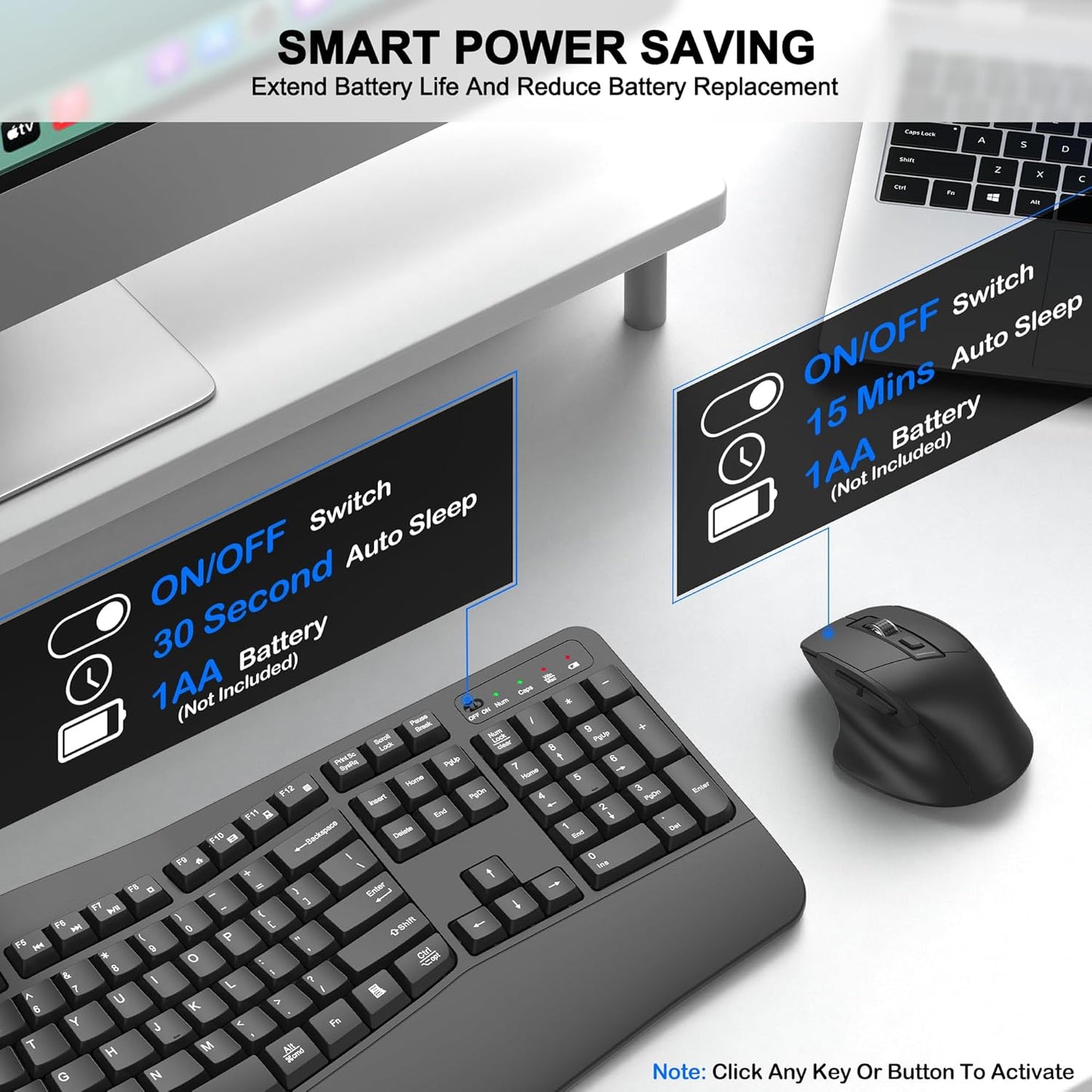 Wireless Keyboard and Mouse Combo, 2.4G Full Size Wave Keys Ergonomic Keyboard with Wrist Rest and 3-Level DPI Adjustable Wireless Ergonomic Mouse for Windows, Mac OS Desktop/Laptop/PC(Black)