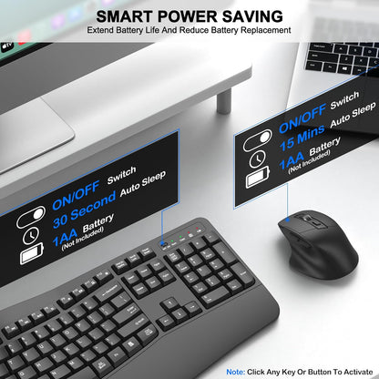 Wireless Keyboard and Mouse Combo, 2.4G Full Size Wave Keys Ergonomic Keyboard with Wrist Rest and 3-Level DPI Adjustable Wireless Ergonomic Mouse for Windows, Mac OS Desktop/Laptop/PC(Black)