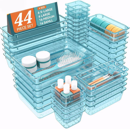 WOWBOX 44 PCS Clear Plastic Drawer Organizer Set, 4 Varied Size storage Bins and Desk Drawer Organizer tool Trays for Makeup, Gadgets, Jewelry and Utensils in Bathroom, Bedroom and Office, Clear Black