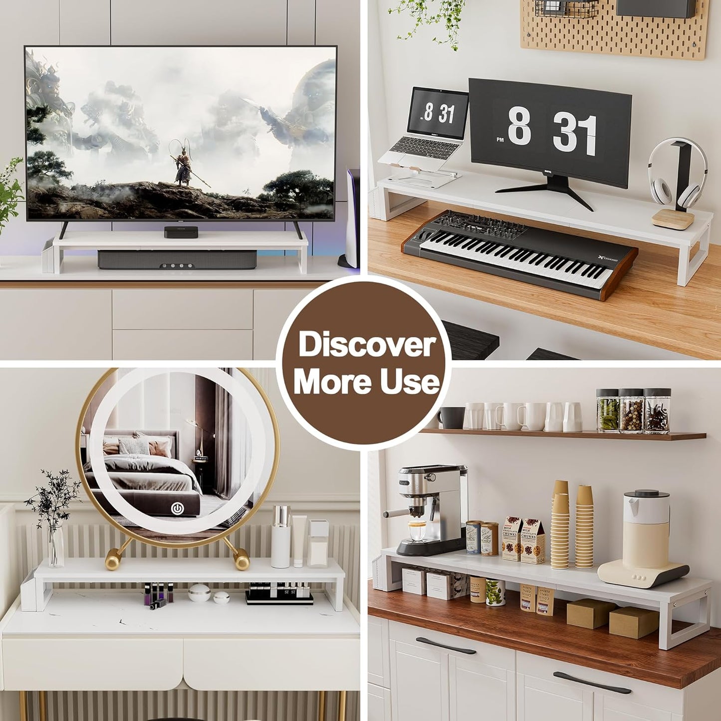 LAND·VOI Heavy Duty Dual Monitor Stand, Holds 2 Screens Up to 27 Inches, Adjustable Length and Angle Monitor Riser, Desk Organizer with Side Pockets and Drawers, Home Office Desk Storage, Rustic Brown