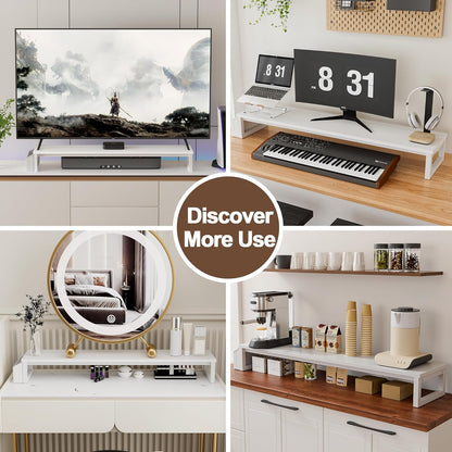 LAND·VOI Heavy Duty Dual Monitor Stand, Holds 2 Screens Up to 27 Inches, Adjustable Length and Angle Monitor Riser, Desk Organizer with Side Pockets and Drawers, Home Office Desk Storage, Rustic Brown