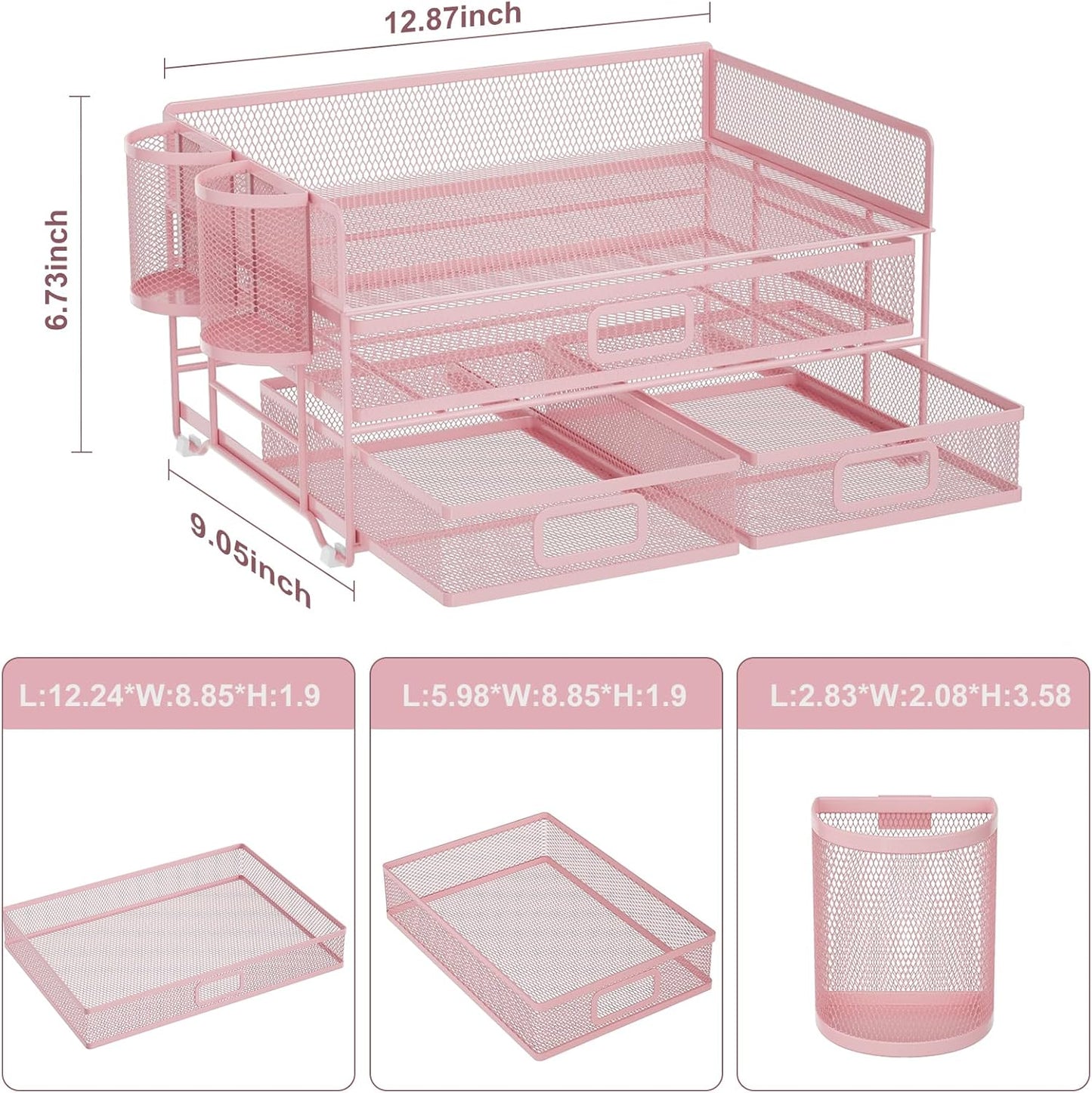 Marbrasse 3 Tier Mesh Desk Organizer with Drawer, Multi-Functional Desk Organizers and Accessories, Paper Letter Organizer with 2 Pen Holder for Home Office Supplies (Black)