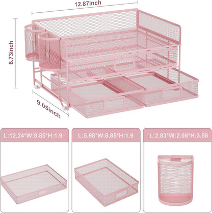 Marbrasse 3 Tier Mesh Desk Organizer with Drawer, Multi-Functional Desk Organizers and Accessories, Paper Letter Organizer with 2 Pen Holder for Home Office Supplies (Black)