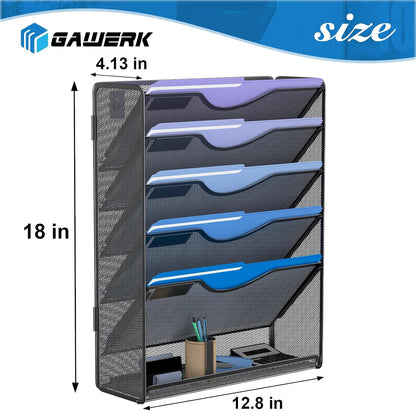 Gawerk 5 Tier Hanging Wall File Organizer, Mesh Mail Paper Orgnization Hanging File Folder Holder for Home Office, Black