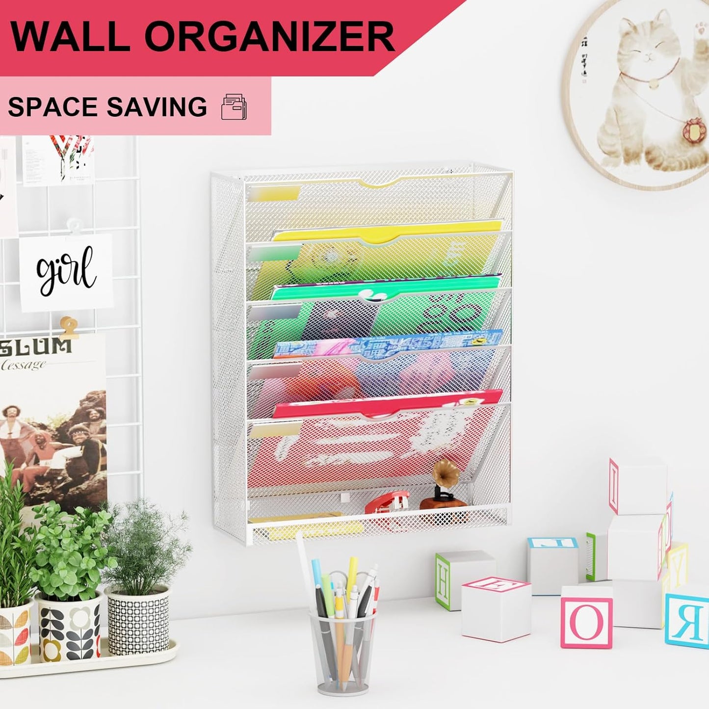 Wall File Organizer Holder Mesh Hanging Paper Document Holder,Vertical 6 Pocket Tier for Office Home, Black