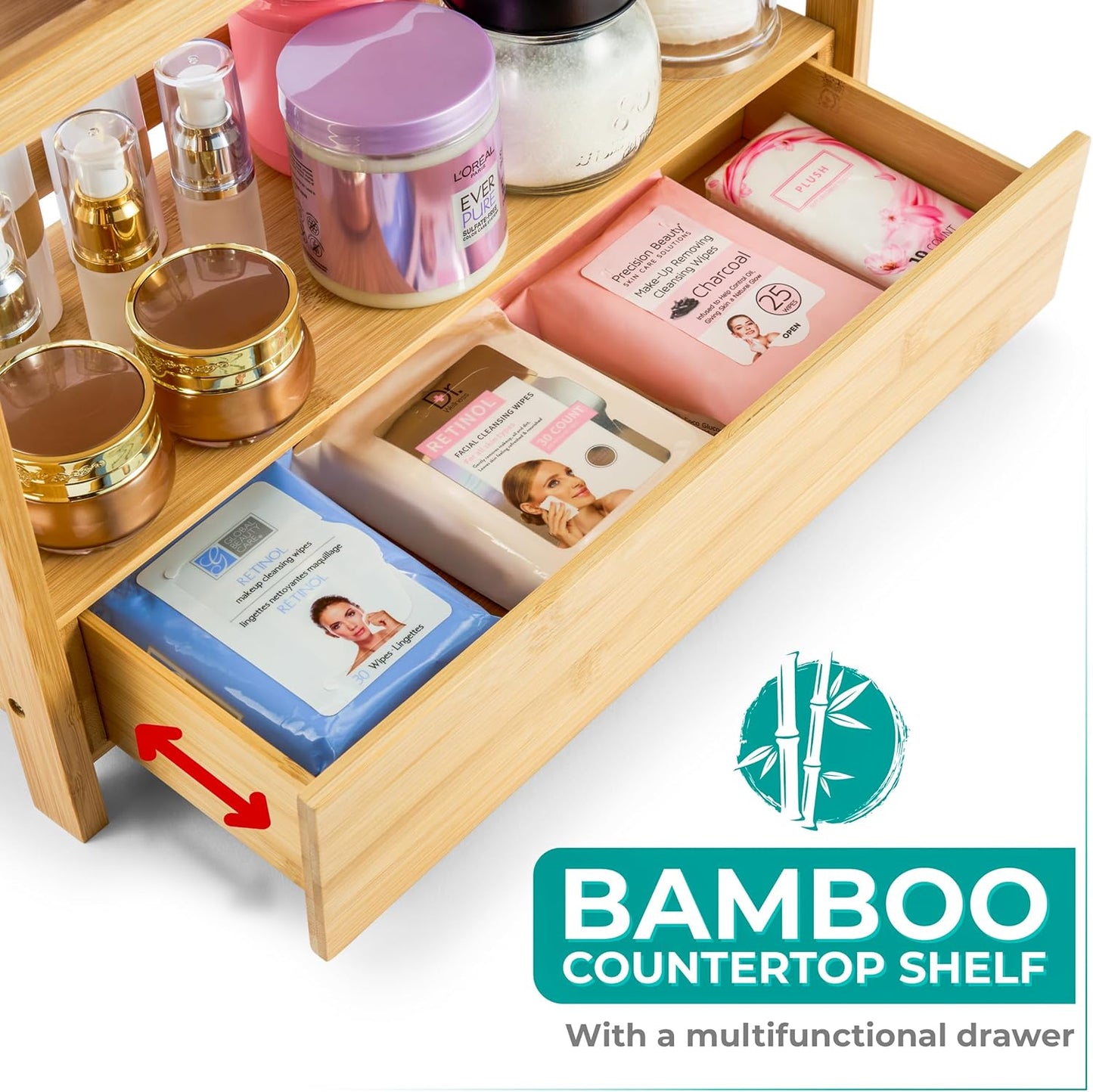 Sorbus Bamboo Bathroom Counter Organizer – 2-Tier Shelf with Hidden Drawer for Vanity, Matcha Station, Bathroom Sink Organizer Countertop, Kitchen & Office Storage (13″ L x 6.5″ W x 12.6″ H)