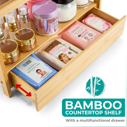 Sorbus Bamboo Bathroom Counter Organizer – 2-Tier Shelf with Hidden Drawer for Vanity, Matcha Station, Bathroom Sink Organizer Countertop, Kitchen & Office Storage (13″ L x 6.5″ W x 12.6″ H)