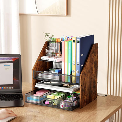 Homsorout Wooden Desk Organizer - Mesh File Organizer with Drawers and Pen Holder - 4-Tier Vertical Paper Letter Storage Tray, Desktop Organizers and Accessories for Home Office