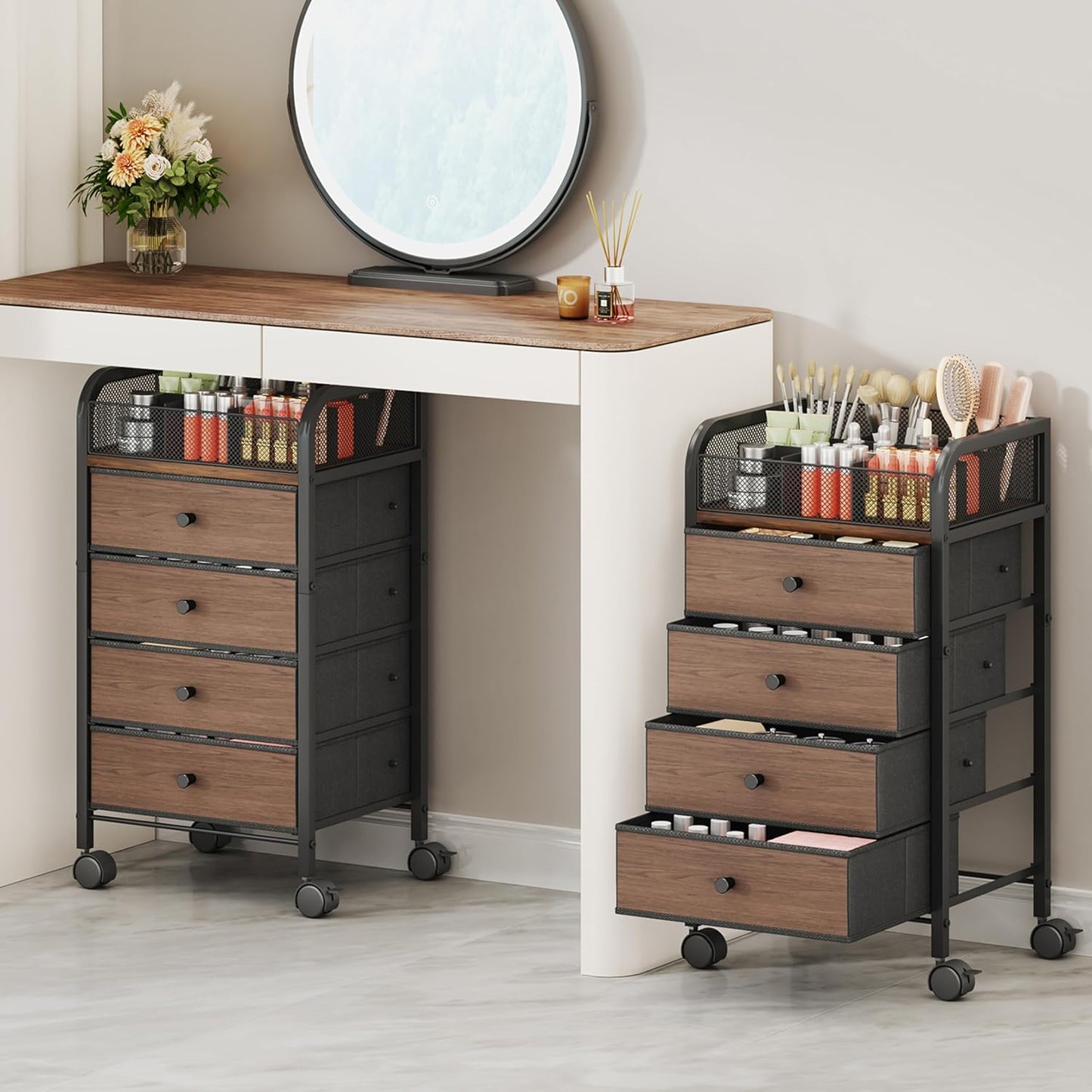 SWTYMIKI Rolling Makeup Organizer Cart - Under Desk Vanity Makeup Storage with 3 Non-woven Drawers, Nail Cart Organizer Cosmetic Display Cases Cabinet for Skin Care Perfume Nail Polish Brush Hair Tool