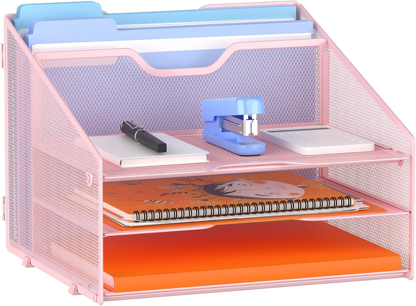 GAWERK Letter Tray Organizer, Mesh Desk File Organizer with 3 Paper Trays and 2 Vertical Upright Section, Blank