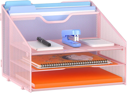 GAWERK Letter Tray Organizer, Mesh Desk File Organizer with 3 Paper Trays and 2 Vertical Upright Section, Blank