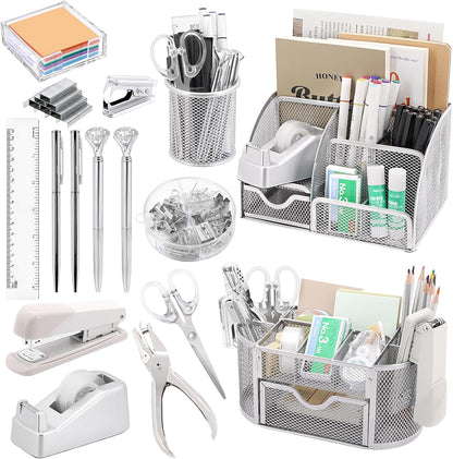 17 in1 Silvery Desk Organizers and Accessories Set, 3 Office Desk Supplies Storage Organization, 4 Pens, Stapler, Staples & Remover, Tape & Dispenser, Scissors, Ruler, Clips, Hole Punch Back to School