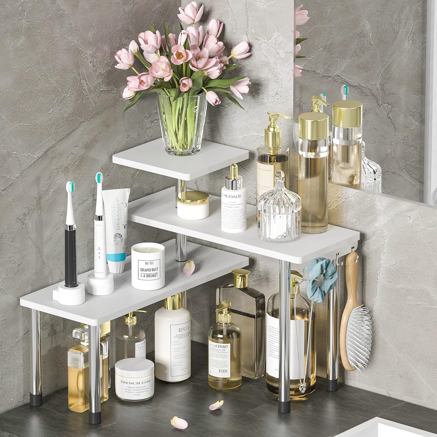 ZHWS Kitchen Countertop Organizer Spice Rack for Salt, Bathroom Counter Organizer Over Sink for Makeup, Skincare, Adjustable 3-Tier Corner Counter Shelf with 4 Hooks for Coffee Bar Dresser Table