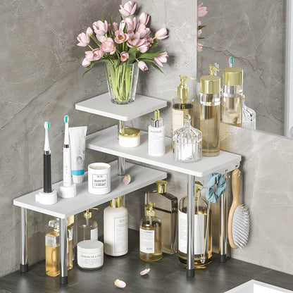 ZHWS Kitchen Countertop Organizer Spice Rack for Salt, Bathroom Counter Organizer Over Sink for Makeup, Skincare, Adjustable 3-Tier Corner Counter Shelf with 4 Hooks for Coffee Bar Dresser Table