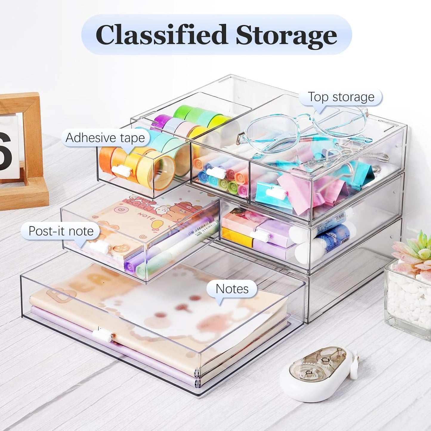 3 Tier Stackable Desk Organizer with 6 Drawers, YOCOMEY Plastic Desktop Storage Box Drawers, Detachable Makeup Storage Office Stationery Supplies Organizer for Office School(Clear)