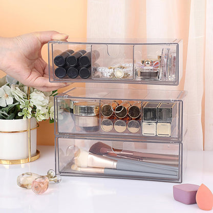 Hipiwe Acrylic Storage Drawers 3-Tier Stackable Bathroom Makeup Organizer Cotton Swabs Qtip Holder for Vanity Cosmetics Clear Desktop Organizer with Removable Dividers, 8.1"Lx 3.9"Wx7.8"H