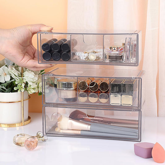 Hipiwe Acrylic Storage Drawers 3-Tier Stackable Bathroom Makeup Organizer Cotton Swabs Qtip Holder for Vanity Cosmetics Clear Desktop Organizer with Removable Dividers, 8.1"Lx 3.9"Wx7.8"H