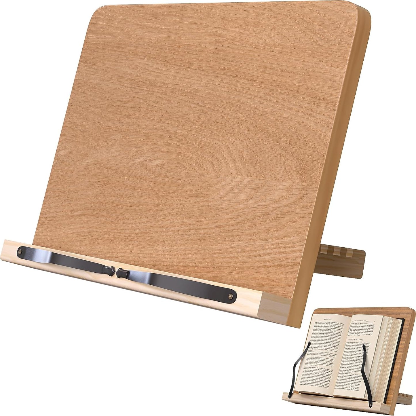 Book Stand for Reading,8 Adjustable Height Holder Tray with Page Clips for Textbook/Cookbook/Music Scores/Tablet/,Lightweight Reading Hands Free Desktop Document Book Mount,Bamboo Holder-Oak Brown