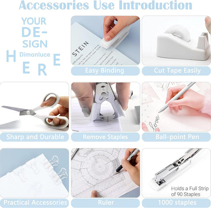 Gold Desk Accessories, Office Desk Organizers and Accessories 360°Pen Holder Acrylic Stapler Set, Phone Holder, Ballpoint Pen, Scissor, Binder Clips, Ruler, Transparent Glue, Sticky Note and Staples.