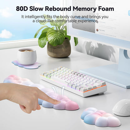 TECKNET Cloud Keyboard Wrist Rest Set, Cloud Wrist Rest with Non-Slip Base, PU Leather Wrist Pad for Keyboard with Ergonomic Memory Foam for Computer Laptop Office Gaming and Pain Relief, White