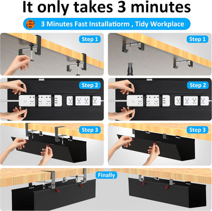 Under Desk Cable Management Tray - Under Desk Cord Management - Clamp/Screw Mount - Fabric Wire Management - Cable Raceways Tray Cord Hiders for Office/Home (Black, 35.8"×5.6")