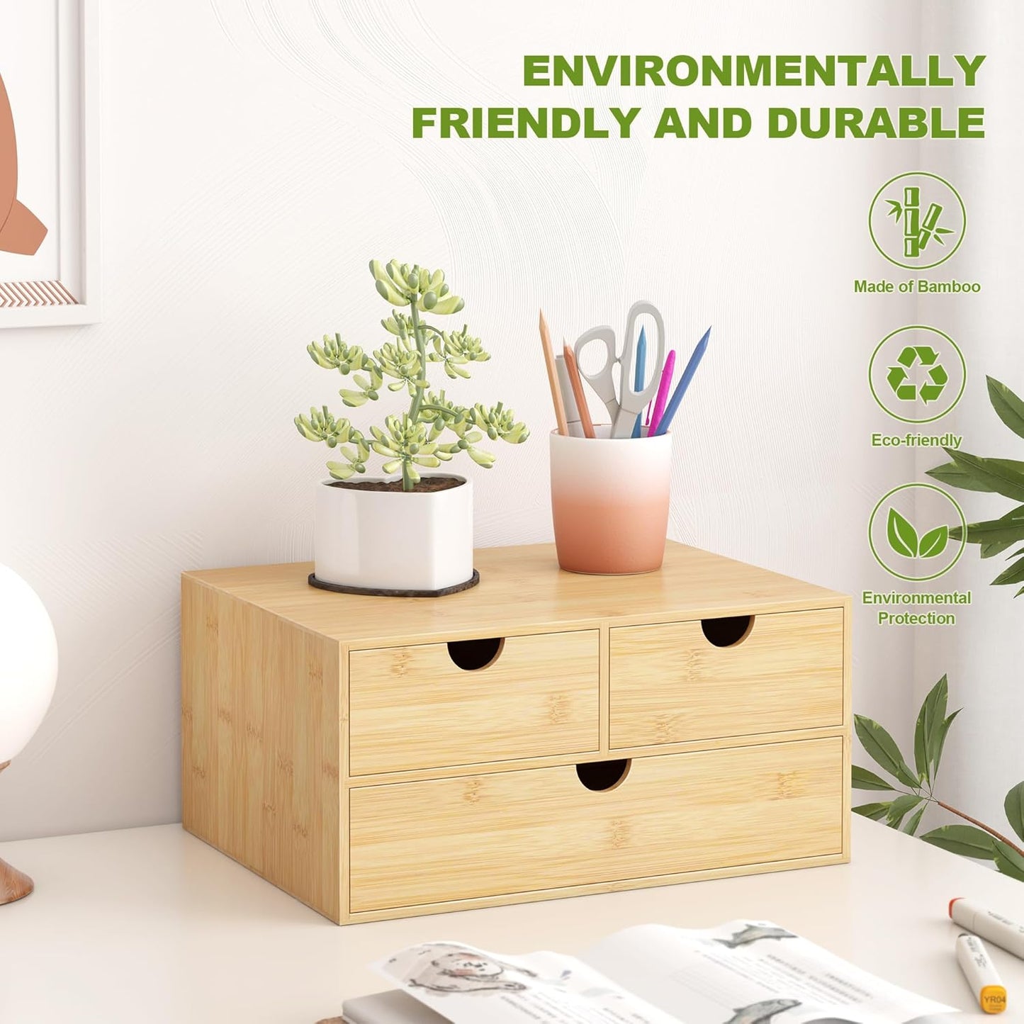 Wisuce Bamboo Desk Drawer Organizer, 3 Drawer Desktop Organizer with Drawers Tabletop Storage Organization Box for Office Home Toiletries Supplies Vanity, No Assembly Required