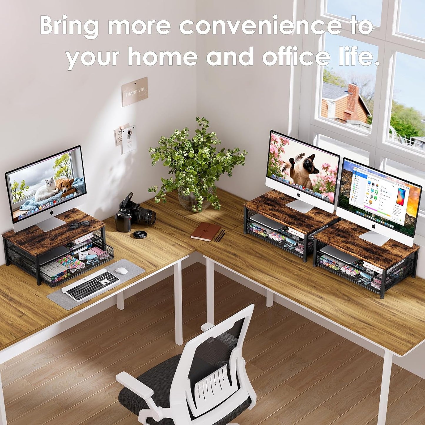 OPNICE Computer Monitor Stand Riser, Desk Organizer with Drawer, Printer & Laptop Stand, Office Desk Accessories & Workspace Desktop Organizers Storage for Office Supplies(Brown)
