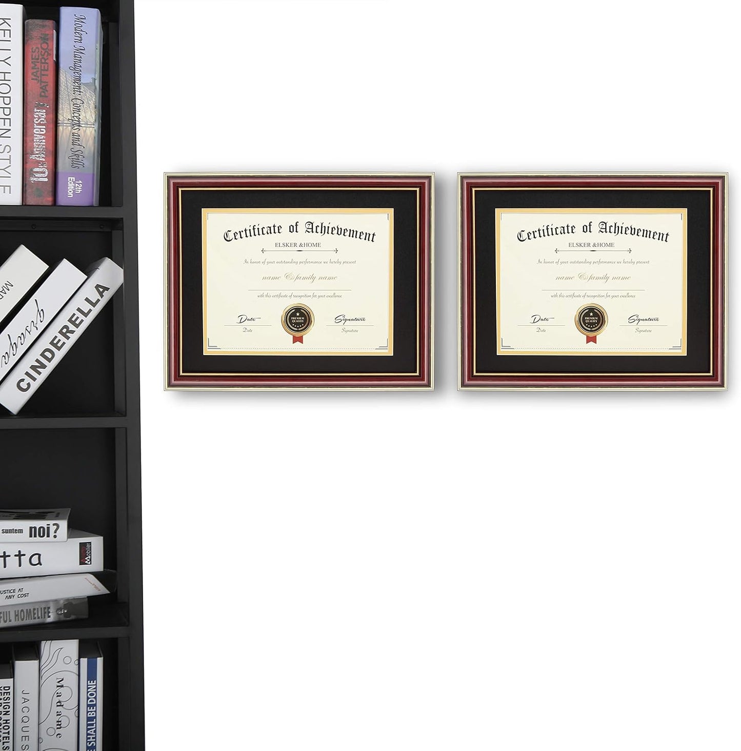 ELSKER&HOME Diploma Frame - Wide Solid Wood Frame - Black Velvet Golden Rim Mat - Semi-Tempered Glass - Includes Hanging Hardware and Desktop Easel(ONLY Display 11×14 Document/Certificate)
