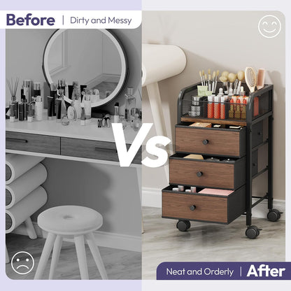 SWTYMIKI Rolling Makeup Organizer Cart - Under Desk Vanity Makeup Storage with 3 Non-woven Drawers, Nail Cart Organizer Cosmetic Display Cases Cabinet for Skin Care Perfume Nail Polish Brush Hair Tool
